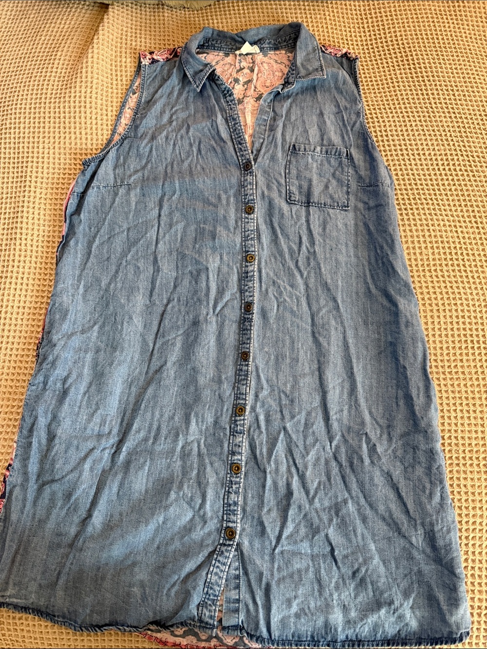 Tribal Blue Denim Sleeveless Button-Front Dress